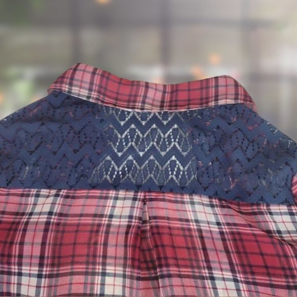 Xhilaration red and navy plaid sheer, long sleeved button-up shirt. - Picture 4 of 8